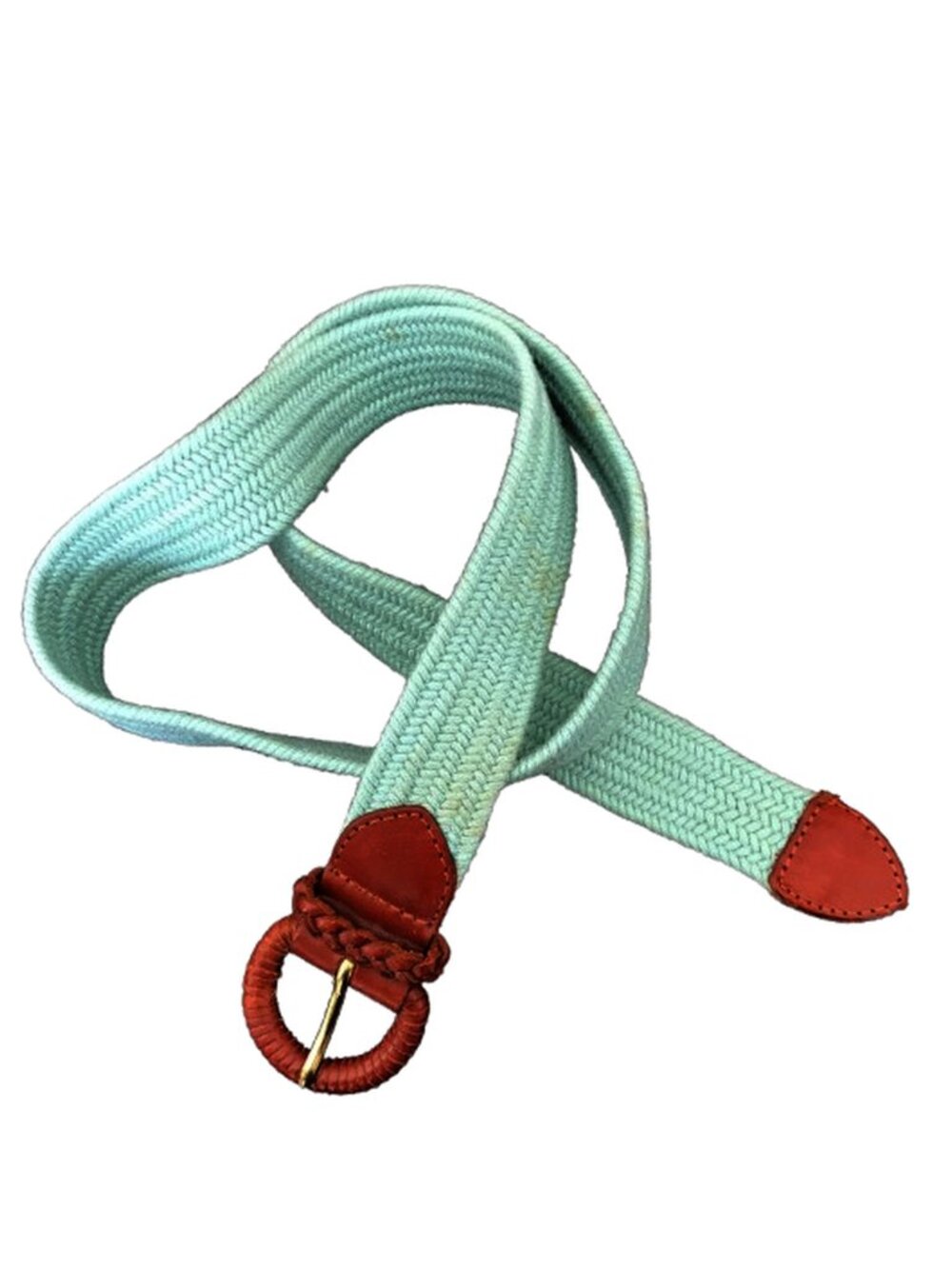 Vintage Talbots Woven Stretch Seafoam Green & Brown Leather Buckle Belt, Size L